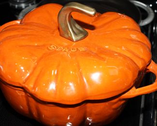 Staub pumpkin covered cast iron dutch oven
