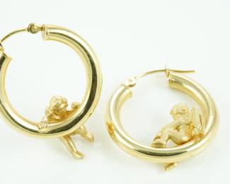 14k yellow gold cherub hoop earrings