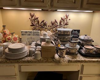 Dishes, casserole, soup tureen, serving bowls, decorative items, coffee cups