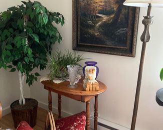 Antique stands, basket, lamps, pictures