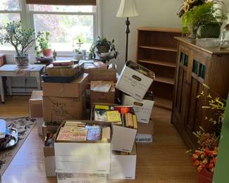 Books, book stand, stained glass stand, artificial flowers