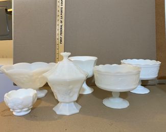 6 Milk Glass Pieces $25.00