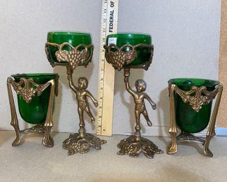 Set of 4 Green Glass and Metal Candle Holders $24.00
