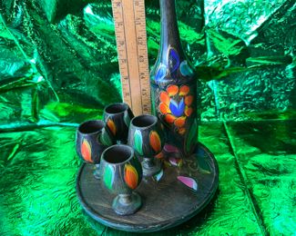 Wood Decanter, Tray and Cups $12.00