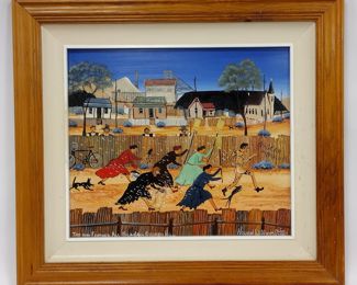 HOWARD WILLIAM STEER (AUSTRALIA) PAINTING ON MASONITE PANEL. TITLE "TAR AND FEATHER ALL SCABS IN BROKEN HILL