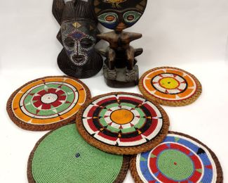AFRICAN MICRO BEADED FIGURE, COASTERS AND SMALL MASK