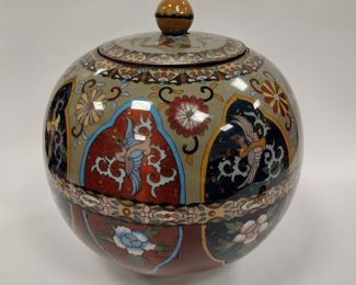  AS IS JAPANESE CLOISONNE LIDDED JAR WITH THREE FEET