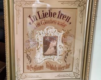 FRAMED 19TH CENTURY GERMAN WEDDING EMBROIDERY WITH PHOTO