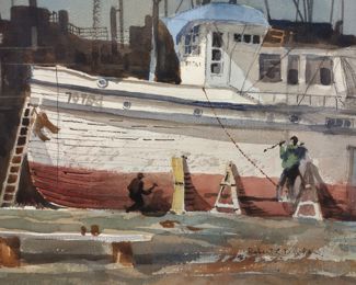 ROBERT L. DURHAM (1912-1998, WASHINGTON) WATERCOLOR ON PAPER OF A DRY DOCKED FISHING BOAT. DISPLAYED IN AN OAK FRAME. Artist was also a PNW architect for Durham & Stuart