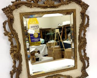 ANTIQUE NATIONAL BRASS & IRON WORKS CAST IRON MIRROR. GOLD FINISH WITH WHITE ENAMEL ON FRONT