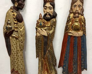 SET OF THREE EUROPEAN GILDED THREE WISE MEN PLAQUES. 30.5" TALL. PORT OF ONE FOOT MISSING