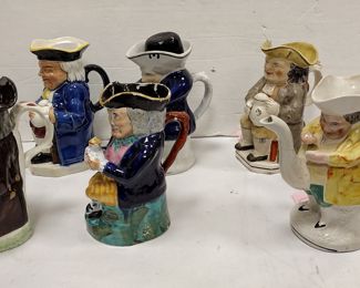 AS IS COLLECTION OF ANTIQUE STAFFORDSHIRE TOBY PITCHERS.  all as is