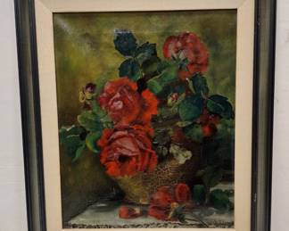 OLD STILL LIFE OIL ON CANVAS IN NEWER FRAME. DEPICTS ROSE BLOSSOMS. SIGNED 'SARAH ADAMS. 13" X 16". 