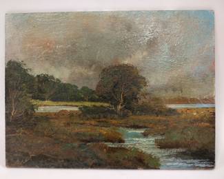 EDUARD CARET (B.1910 FRANCE) LANDSCAPE OIL ON MASONITE. BARBIZON STYLE ARTIST. 8 X 6"