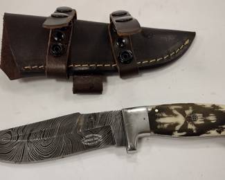 C.F.K. CUTLERY COMPANY DAMASCUS BLADE KNIFE AND SHEATH. 5.5" BLADE