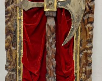  MID-CENTURY CALIFORNIA SPANISH REVIVAL METAL ART AXE AND SWORDS ON WOOD PLAQUES