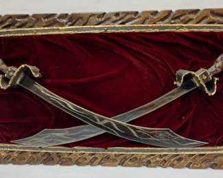  MID-CENTURY CALIFORNIA SPANISH REVIVAL METAL ART AXE AND SWORDS ON WOOD PLAQUES