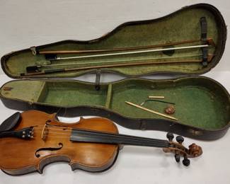 VIOLIN WITH CASE. TOP REPLACED IN 1979. 4/4 SIZE, 23 1/2". Finger board slightly loose at the end