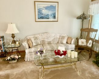 Sofa (very clean), glass top/brass base coffee table and side table, lamps, rocking chair, etc