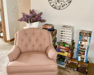 Upholstered chair (very clean), more puzles (some SOLD), wall hanging