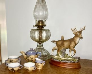 Vintage luster ware Child's tea set, oil lamp, porcelain deer figurine on wood base