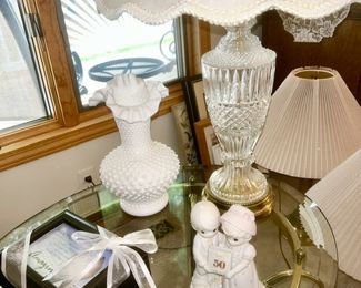 Fenton hobnail vase, Precious Moments figure, crystal lamp, etc.