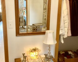 Large wall mirror, solid oak side table w/ end drawer, glass lamp, etc.