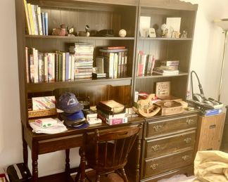 Desk with overhead book/display shelves and chest with overhead book/display shelves, wooden file cabinet, desk chair, etc.