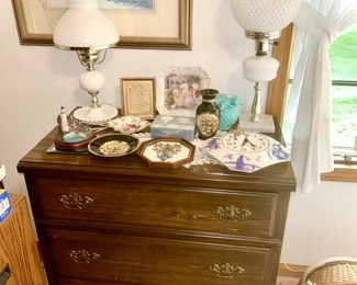 3 drawer chest, white glass desk lamps, aqua Fenton vase, wall clock, print, etc.