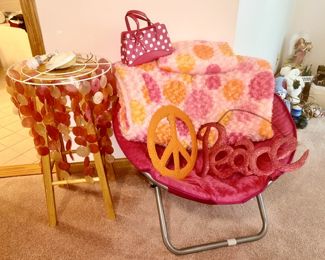 Pink/orange decor, bowl chair, wooden stool