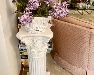Decorative column stand for plants/vase/etc. woven basket w/ silk flowers