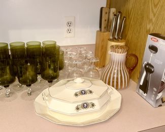 Green glass stems, Cameo casserole w/ tray, misc. kitchenware