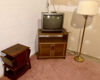 Side table, vintage TV, TV/microwave stand, floor lamp