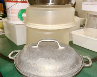 Vintage aluminum pot, misc. tupperware, stainless steel bowl, etc.