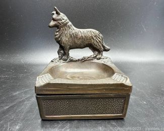 Bronze Ashtray Trinket Box with Collie Dog Design