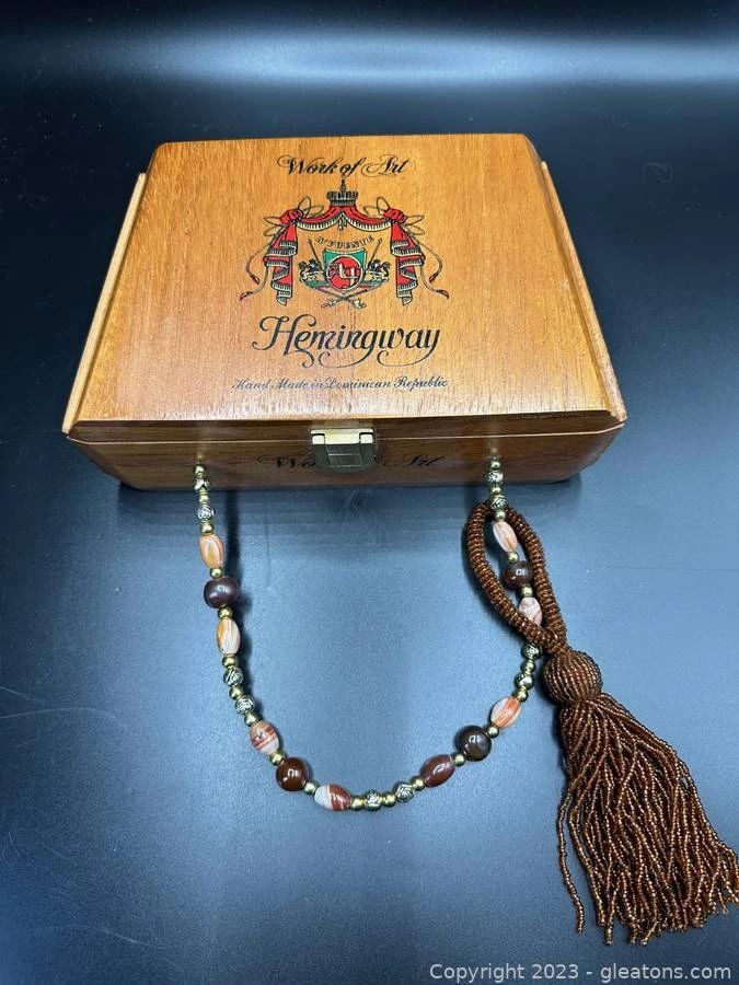 Hemingway Work of Art Cigar Box with Beaded Handle and Tassle