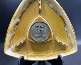Mid Century Triangular Shaped Ashtray with Tan Glaze and H in Center