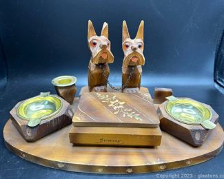 Mid Century Wooden Scottie Dog Set Featuring Ashtrays Cigarette Box and Candle Holder