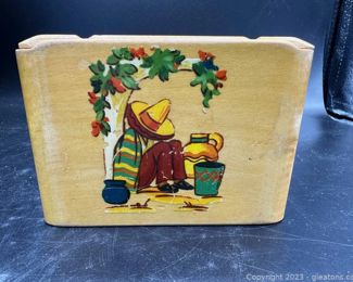Vintage Wooden Cigarette Case with Person in Sombrero Scene
