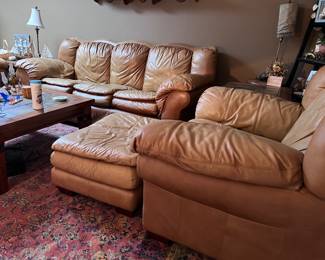 Leather sofa, armchair and footstool