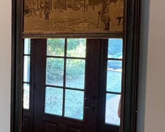 Antique mirror with stitched street scene 