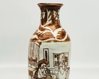 Rare Don Brown Studio Brown & White Studio Pottery Vase | Art Pottery Circa 1953 | Hand thrown / Hand made studio pottery vase with brown and white glazed decoration. Approx. Size 15.5" H x 6.5" W.
