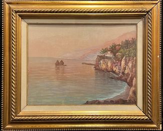 Italian Seascape Oil Painting SUNSET | Oil on Canvas | Signed by the artist in the lower right of canvas | Housed in a gold gilt gesso wood frame | Approx. Size: 22.5" H x 19" H.