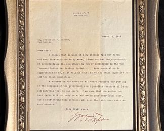 President Taft Autograph Signed Typed Letter (TLS). Hand signed typewritten letter from Taft to Mr. Frederick W. Mercer of New London dated March 16, 1918. Regarding Taft's efforts in raising funds during World War I [War Savings Bonds] | Framed under glass | Approx. 10" W x 12.5" H | William Howard Taft (September 15, 1857 – March 8, 1930) was the 27th president of the United States (1909–1913) and the tenth chief justice of the United States (1921–1930), the only person to have held both offices. 