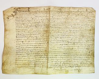 17th Century Handwritten Latin Historical Document on Vellum, dated 1637 | An important Mediterranean shipping and trade agreement / contract | Approx. Size: 12" H x 16" W.