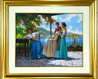 Italian Figural Oil Painting by well-listed artist Antonio DeVilly (1901-1993) | Oil on Canvas | A Colorful Italian Figural Scenic-scape depicting two women and a small boy on a shaded patio overlooking the ocean | Signed by the artist in the lower right | Verso stamped with certification in Italian "Se certifica Che il Presente Dipinto e Original" containing artists name, painting type, medium and measurement | Housed in a nice 2 piece / layered wood framed and covered in raised glass | Approx. Measurements: 24″ H x 24″ W.