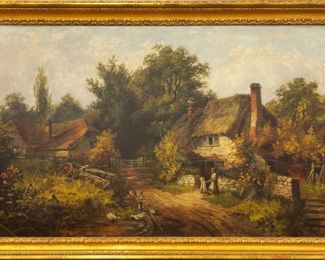 19th c. British Figural Landscape Oil Painting by well-listed British Landscape painter William R. Stone (1839-1889) | Oil on Relined Canvas | Cottages along a Lane (Rural) | Signed by the artist in red paint in lower left corner “WR Stone” | Excellent example of Stone’s work | Housed in a newer gold gilt gesso wood frame | Approx. Size: 36" H x 56.5" W x 2" D.