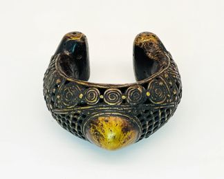 Large Antique African Dogon Timbuktu Mali Bronze Bracelet Relic | Approx. Size: 4.5" W x 4.5" D x 2.5" H; Approx. Weight: 1 lb. Provenance: Prominent Private Ethnographic Collection, Estate of Paul S. Hughey, Previously on loan with the Mississippi Museum of Art.