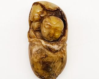 Rare Archaic Chinese Natural Brown & White Jade Hand-carved / Sculptured Pendant / Amulet. Depicts baby boy holding a lotus flower.