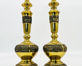 Pair of Vintage Japanese Brass Candelabras, James Mont Style.